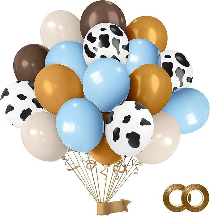 Blue Western Cowboy Balloons,60pcs 12inches Blue White Cow Print Nude Blush Balloons, Party Balloons for Boys Girls Cowboy Birthday Baby Shower Farm Western Cowboy Cow Theme Party Decorations