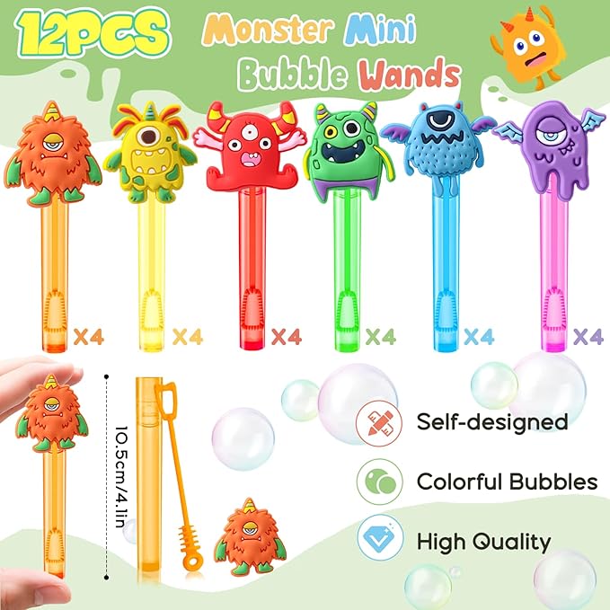 Winrayk Monster Party Favors, 24Pcs Self-designed Mini Bubble Wands for Kids Bubbles Bulk with Detachable Topper (6 Styles & Colors), Birthday Gift Toy Pinata Filler Goodie Bag Stuffer Classroom Prize
