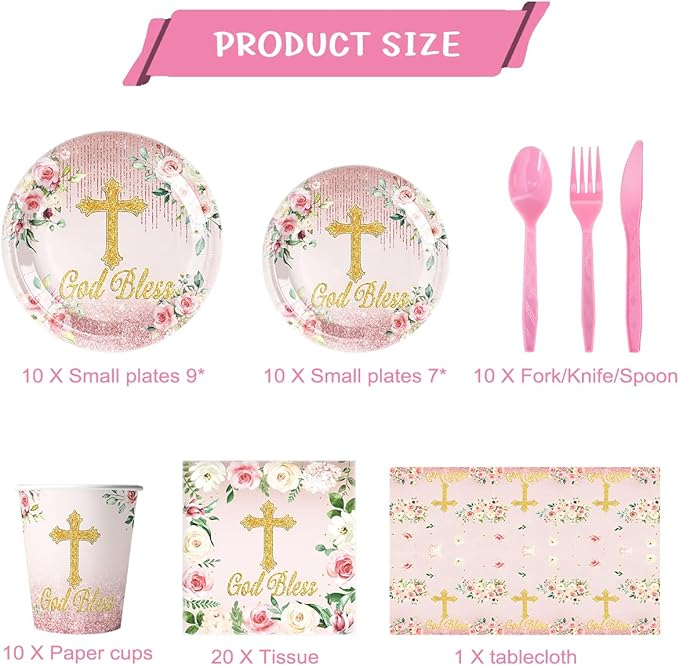 81Pcs Pink God Bless Party Tableware Set Pink First Communion Theme Decoration, Newborn Baptism Church Birthday Party Supplies