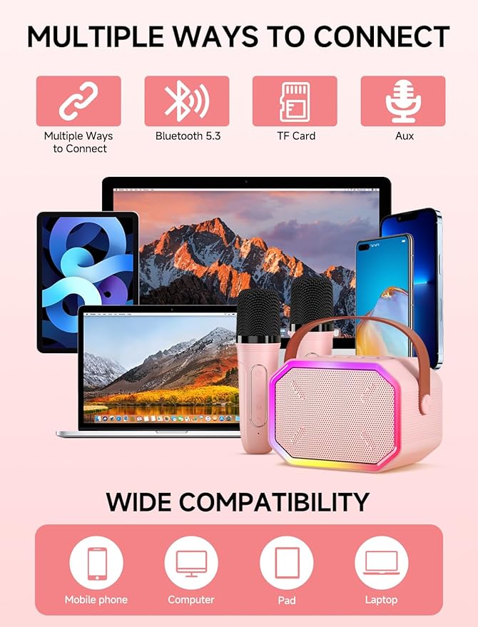 Karaoke Machine for Kids and Adults, Mini Portable Bluetooth Speaker with 2 Wireless Microphones, Kids Gift for Girls Boys Family Party Birthday (Pinkcolor)