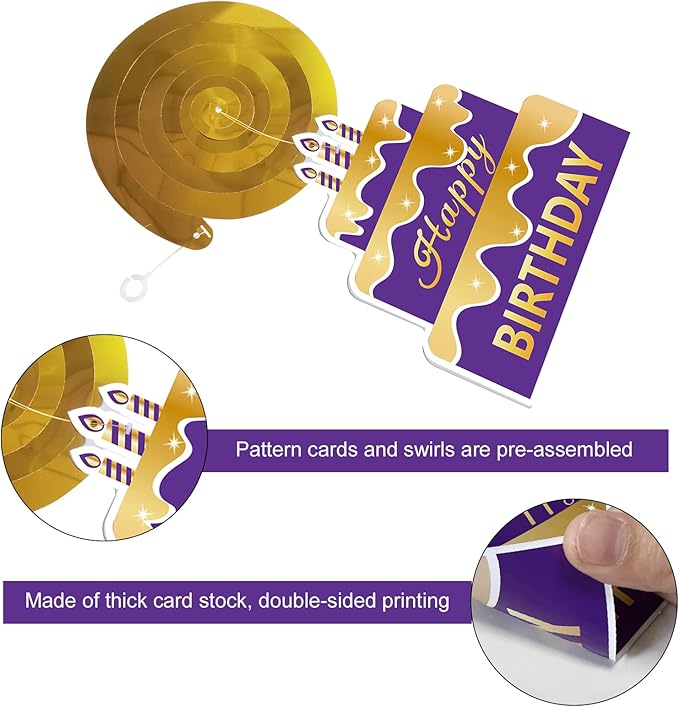 Purple Gold Birthday Hanging Swirls Decorations for Women Girls, Purple Happy Birthday Foil Swirls Party Supplies, 10th 16th 21st 30th 40th 50th 60th Bday Ceiling Sign Decor