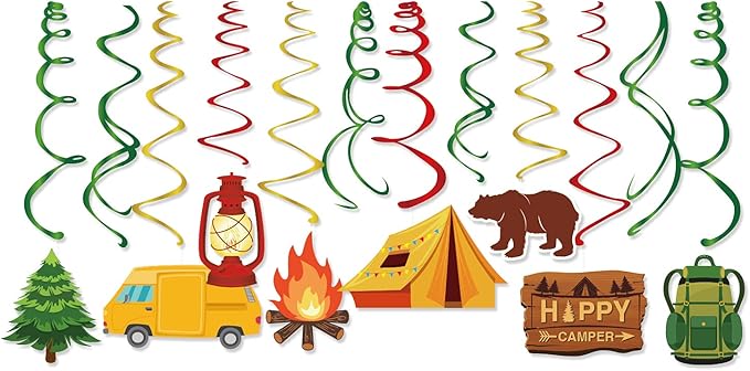 30 Pieces Camping Birthday Party Hanging Decorations, Happer Camper Hanging Swirls Decorations Foil Ceiling Streams Camping Theme Adventure Woodland Wile One Baby Shower Retirement Party Supplies