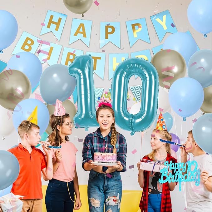 10th Birthday Decorations, Blue Happy Birthday Party Decorations With Teal Blue Number 10 Balloons Dusty Macaron Blue White Balloons Fringe Curtain Banner Cake Topper For Boy Girl Party Supplies