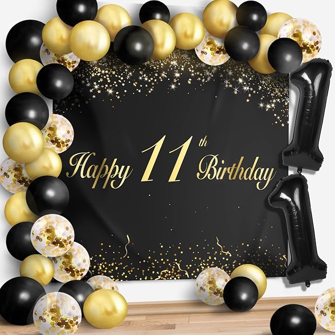 Happy 11th Birthday Balloons Black Set Decor - Cheers to 11 Years Old Party Theme Garland Banner Backdrop Decorations For Boy and Girl Supplies