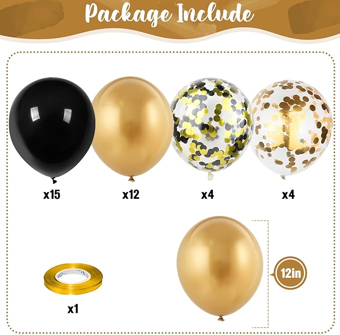 Black and Gold Confetti Balloons, 12 Inch Black Metallic Gold Latex Black Golden Helium Balloons for Wedding Birthday Anniversary New Year Party Celebration Decorations Is-02