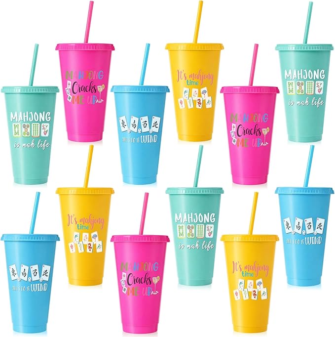 Sliner 12 Pcs Mahjong Cups with Lids and Straws 24 oz Reusable Plastic Mah-jong Tumblers Funny Mahjong Party Supplies Gifts for Mah-jong Players Lovers Travel Game Night