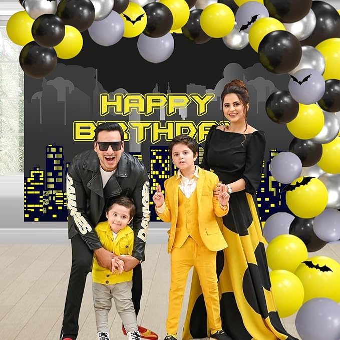 54 PCS Bat Theme Birthday Decorations Superhero Super City Backdrop 5x3FT Black Yellow Silver Balloons Arch Garland Kit Full Moon Bat Background Children Party Supplies
