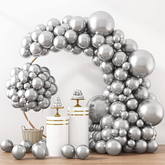 RUBFAC Silver Balloons 129pcs Different Sizes 18 12 10 5 Inches Metallic Balloon Garland Arch Kit Disco Ball for Birthday Party Graduation Wedding Holiday Decoration