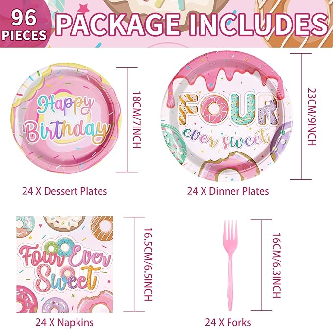 Grencian 96 Pcs Four Ever Sweet Donut Birthday Decorations Girl 4th Donut Themed Plates and Napkins Forks Disposable Tableware Set for Kids Girl 4 Year Old Birthday Party Supplies Favors Serves 24