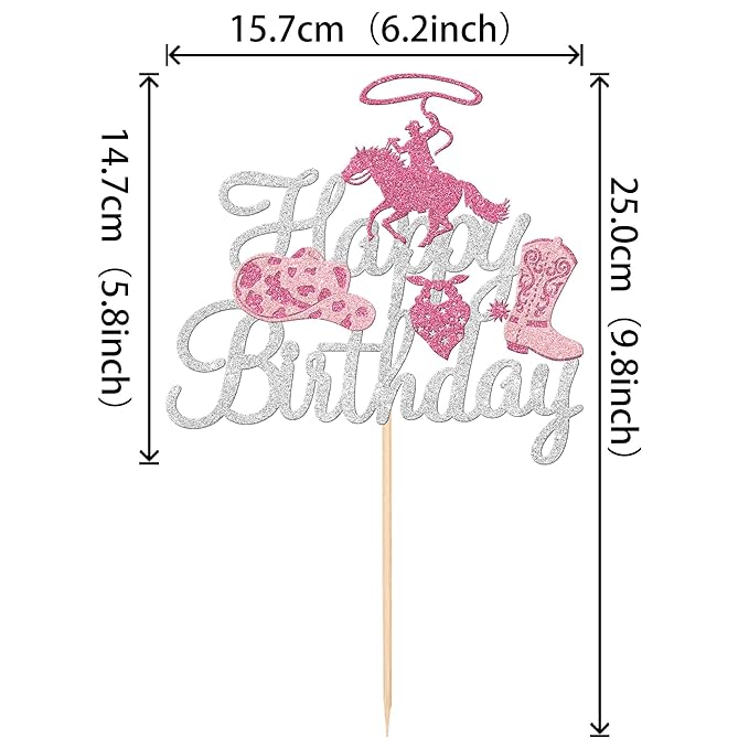 1 PCS Cowgirl Happy Birthday Cake Topper - Silver Glitter Western Hat Boot Disco Pick Decoration for Theme Women Party Supplies