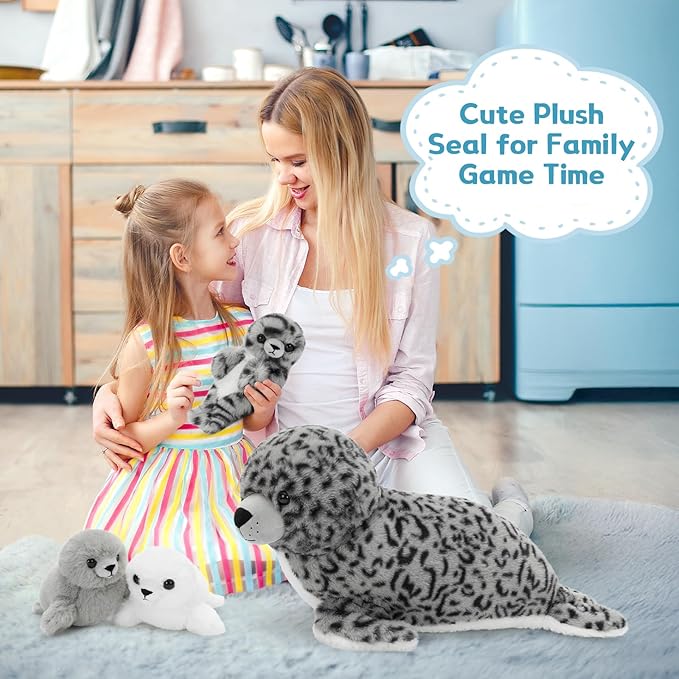 4 Pcs Seal Stuffed Animal Set, 20" Mother Plush Toy with 3 Babies in Mom's Belly, Cute Leopard Stuffed Seal Plushie for Girls Boys Kids
