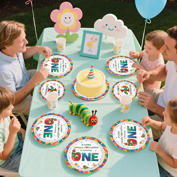 Grencian 200Pcs Caterpillar 1st Birthday Party Supplies A Hungry Green Insect is Turning One Plates and Napkins Tableware Set Hungry Caterpillar Party Decoration for Boys Birthday Baby Shower Serve 50