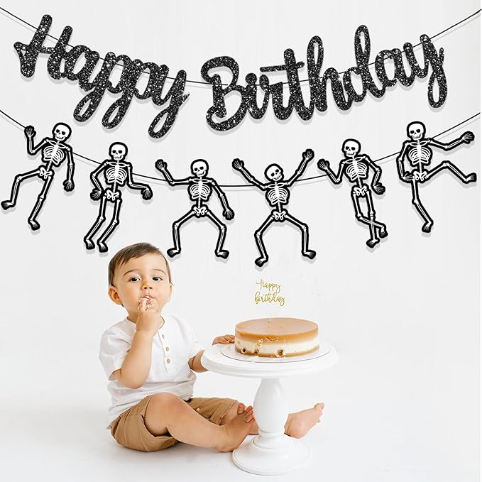 Skeleton Birthday Party Banner Halloween Party Decorations Dancing Skeleton Cutout Banner Glitter Black Skull Party Decoration for Halloween Holiday Celebration Supplies