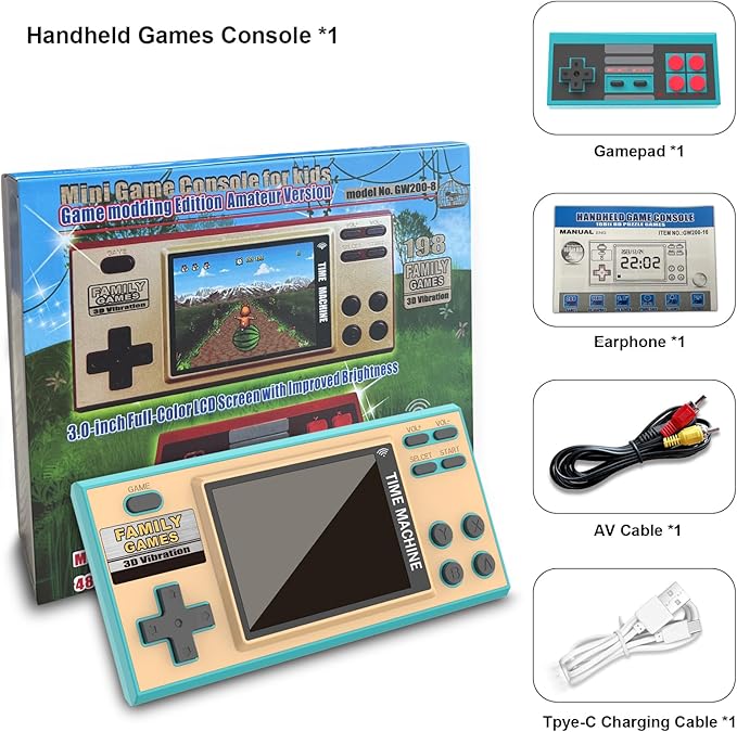 EASEGMER Handheld Games for Kids, Built-in 198 Classic Plug and Play Games, 3 Inch Portable Video Games Player Best Kids Electronic for Boys Ages 4-12 (Blue)