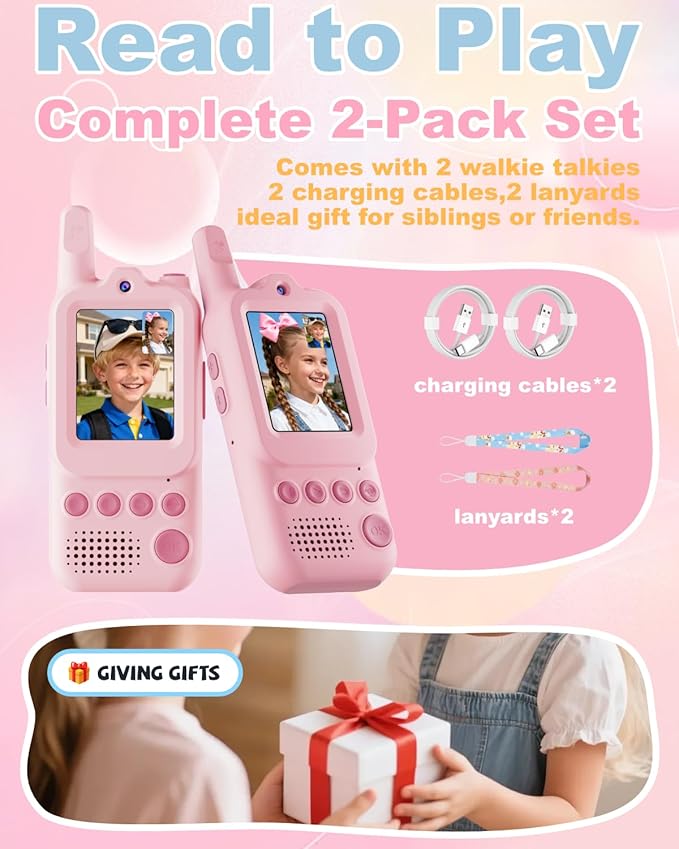 Video Walkie Talkies for Kids 2 Pack Rechargeable Video Intercom with HD Camera, 6 Voice Effects, Long Range Radios, Family Camping Toys, Gifts for Boys Girls Ages 3-12 (Pink&Pink)