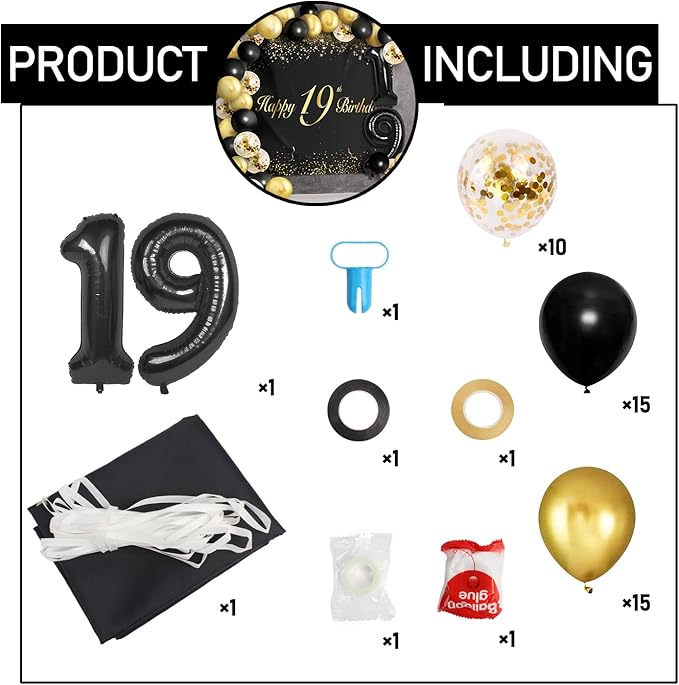 Happy 19th Birthday Balloons Black Set Decor - Cheers to 19 Years Old Party Theme Garland Banner Backdrop Decorations For Women and Men Supplies