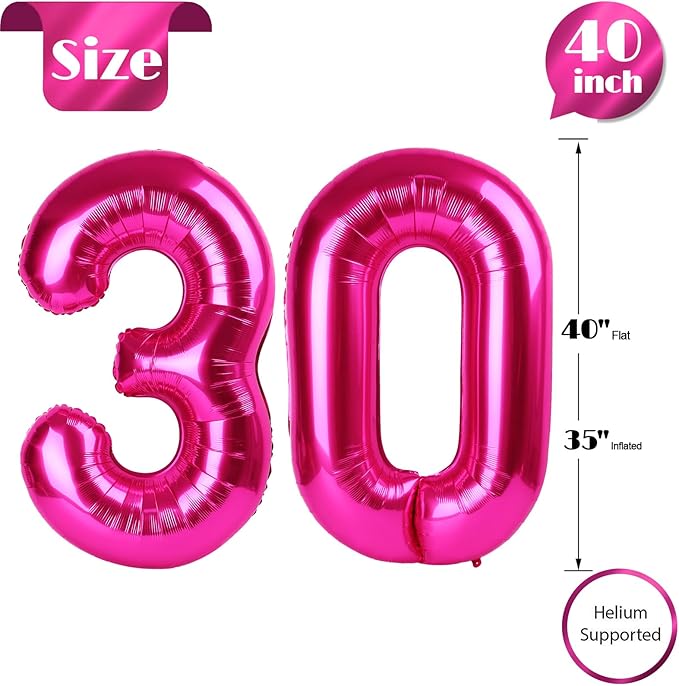 Hot Pink Number 30 Balloons 40 inch, 30 Number Balloons, 30th Birthday Decorations, 30 Year Old Women Hot Pink Party Supplies
