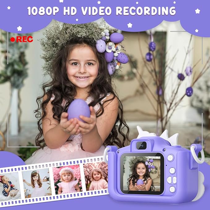 Wembley Kids Camera for Boys & Girls 3–8 Years | Digital Camera for Kids 1080P Selfie Video | Toddler Unicorn Camera Rechargeable with Games | 32GB Card | Silicone Cover | Birthday Gift - Purple