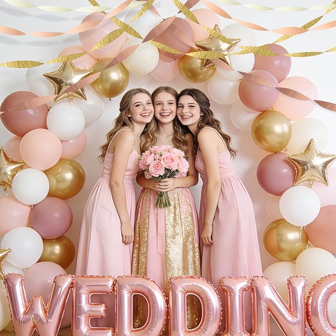 AOYOO Rose Gold Pink Streamers - 6 Rolls Metallic Gold & Blush Crepe Paper Streamer Decorations for Birthday, Wedding, Bridal Shower, Baby Shower, Bachelorette - Elegant Boho Hanging Backdrop Decor