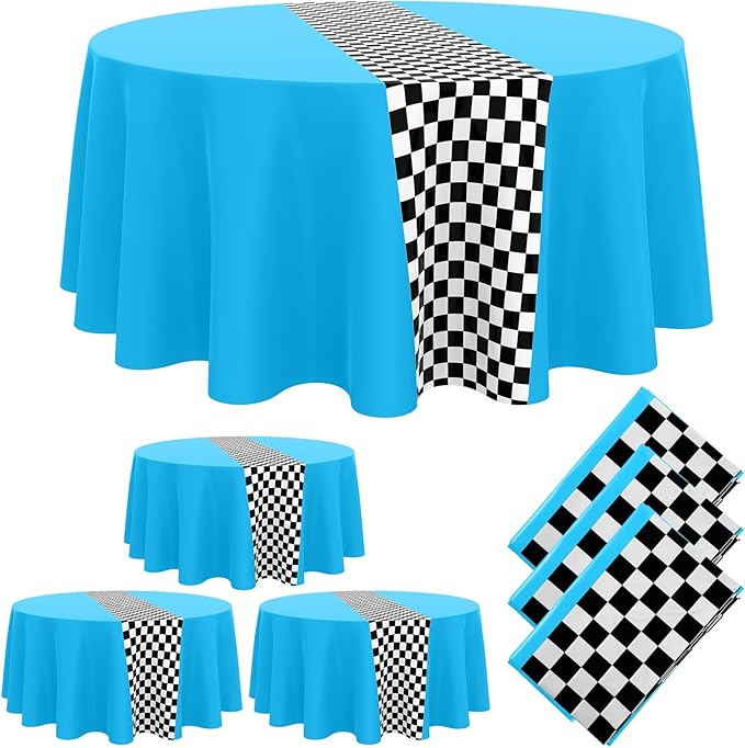 Oudain 3 Pcs Cars Birthday Party Supplies Racing Party Decorations Round Racing Tablecloth Checkered Flag Table Covers Road Plastic Table Cloth, 1950s Disco Dancing Party Tablecloth (Light Blue)