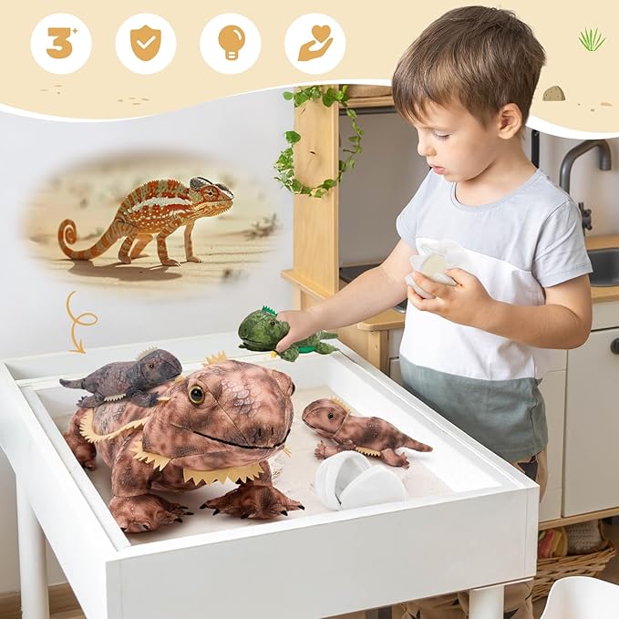 6 Pcs Bearded Dragon Lizard Stuffed Animal, Large Yellow Iguana Plush Toy 28" with 3 Babies, Reptile Gift Set for Boys Girls Kids