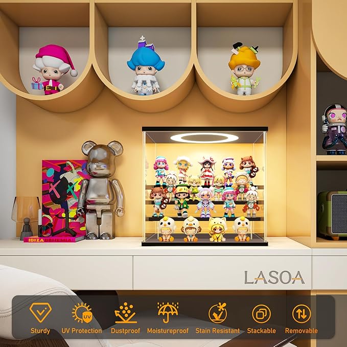 LASOA Acrylic Display Case with Adjustable LED Lights, 3 Tier Clear Display Box for Action Figures and Collectibles, Self-Assembly Showcase with Black Base for Miniatures, 11.8x6.5x9.4inch