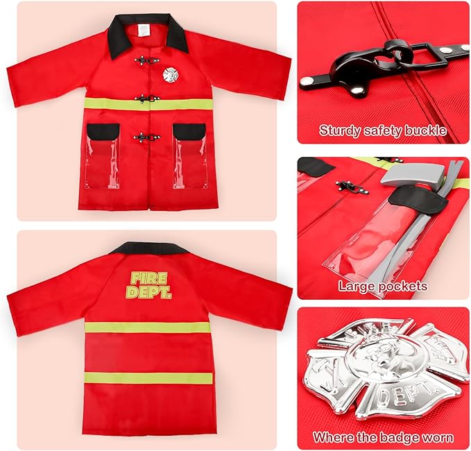 deAO Fireman Costume for Kids, 13 Pcs Fire Fighter with Toys Accessories Set with Washable Storage and Extinguisher, Kids Fireman Dress Up Clothes Pretend Play Toy Birthday Gifts for Boys Girls