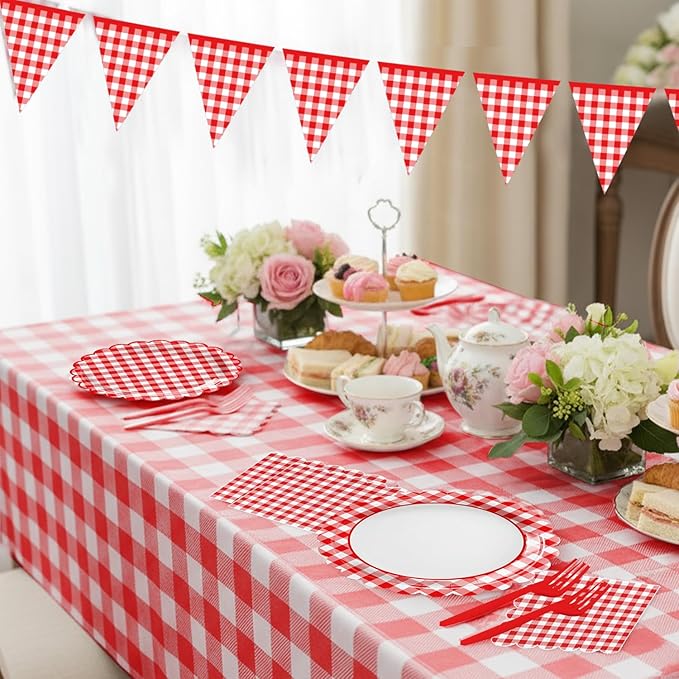 102 PCS Red Gingham Party Supplies - Christmas Scalloped Plates, Napkins, Cups, Forks, Banner, Gingham Tablecloth for Baby Shower, Birthday, Picnic Party Decorations, Serves 25