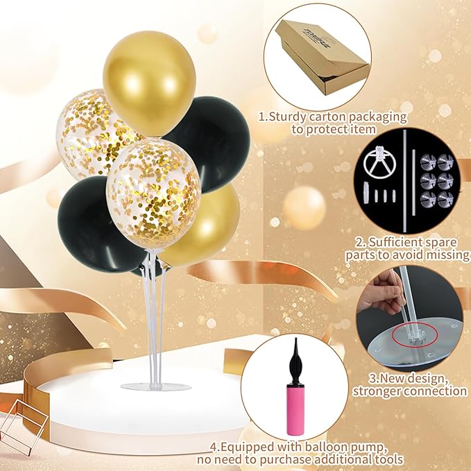 TONIFUL 6 Set Balloon Centerpieces for Table,Black Gold Balloon Stand Kit for 2026 Graduation Decorations 40th 50th 60th 70th Birthday Anniversary Retirement New Year 2026 Party Decorations