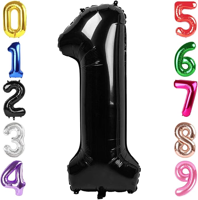 40 Inch Black Number 1 Balloon, Giant Number 1 Balloons for 11th 12th 21st Birthday Decorations, Party Supplies for Baby Boy Girl, Black Party Decor