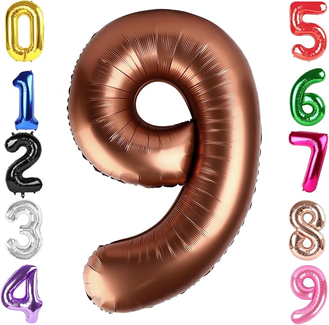 40 Inch Coffee Brown Number 9 Balloon, Giant 9 Number Balloons for 9th Birthday Decorations, Party Supplies for Baby Boy Girl, Coffee Brown Party Decor