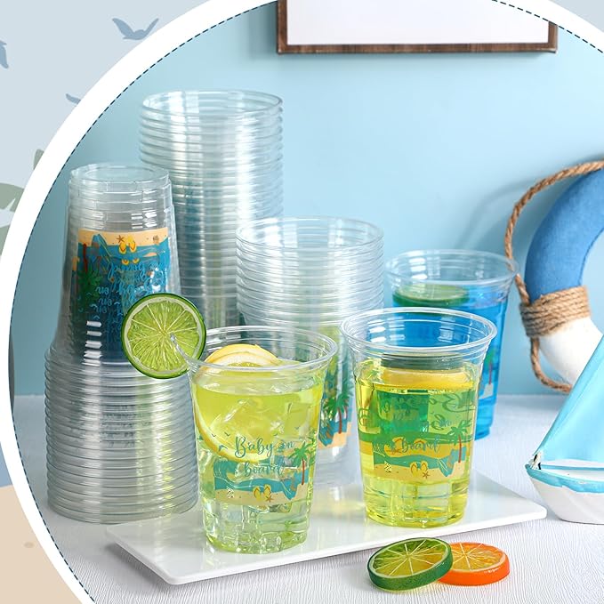 Qinyoung 50 Pcs 16 oz Surfboard Cups for Baby on Board Theme Baby Shower Decorations Summer Beach Party Supplies Plastic Disposable Drinking Cups Summer Birthday Party Supplies