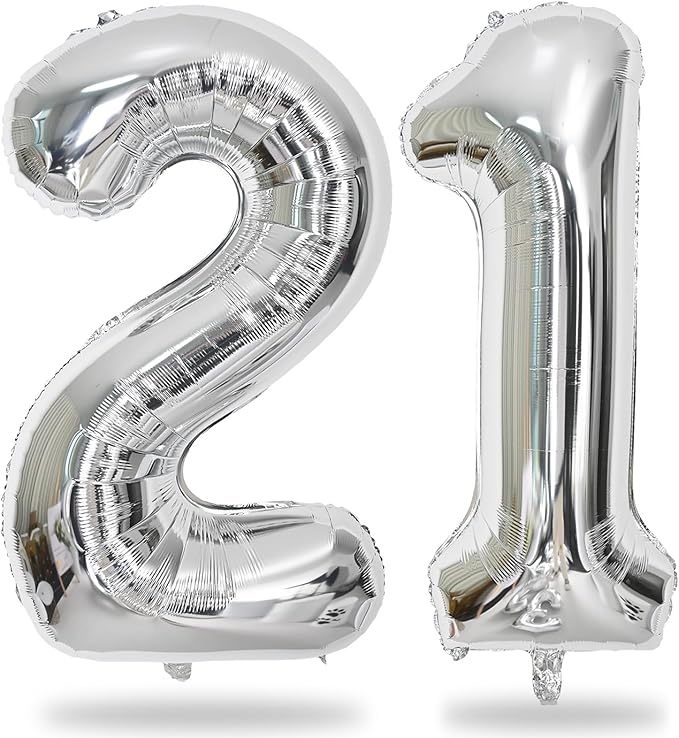 21 Balloons Number, Giant Silver Number 2 & 1 Helium Foil Balloon for Women 21st Birthday Decor, 40 Inch Self Inflating Mylar Number 21 Balloons for Man Anniversary Party Decorations Supplies
