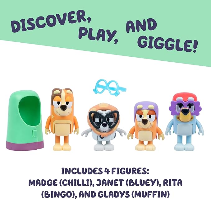 Bluey Figure 4-Pack Here Come The Grannies. 4 Episode-Themed Figures with Moving Arms & Accessories, 2.5-3" (6-7.6 cm) Poseable Toys for Kids. Recreate Moments from The Episode Grannies.