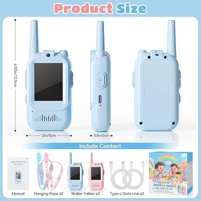 Kids Video Walkie Talkies 2 Pack, Rechargeable Long Range Two-Way Radios, Outdoor Indoor Toys for Boys Girls Ages 3-12, Perfect Birthday & Camping Gifts