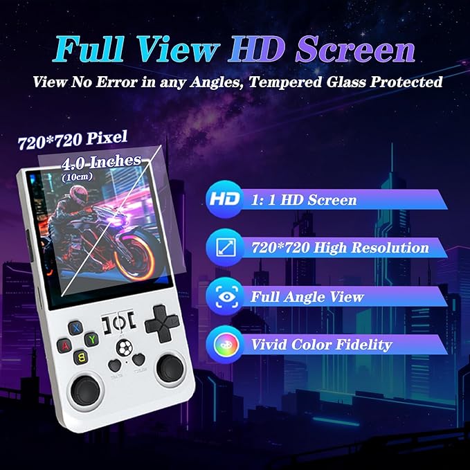 R36MAX 4000mAh Portable Rechargeable Handheld Retro Game Console,Comfort Non-Slip Handheld Standing Retro Game Console with 64G TF Car,4.0-inch Screen,for Office,White
