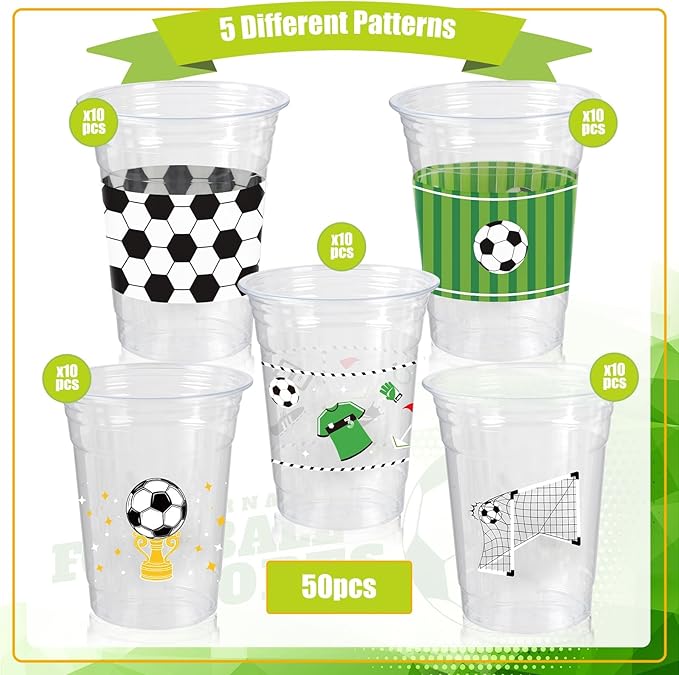 50Pcs Soccer Party Decorations Cups, 12 OZ Disposable Plastic Drinking Cups for Sports Themed Tailgate Events Game Day Football Soccer Birthday Christmas Party Decor Supplies Favors