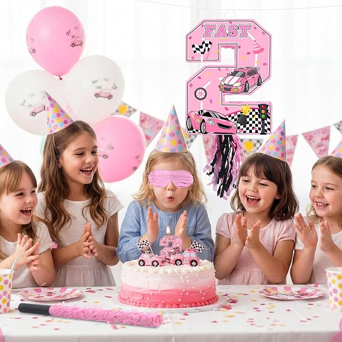 Number 2 Piñata Pink Race Car Party Decorations Racing Cars Pull String Piñata 2 with Stick Blindfold Checkered Wheel Pink Two Fast Birthday Decorations Girl Let's Go Racing Party Supplies