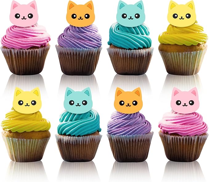 Chuangdi 48 Pieces Cat Cupcake Rings Cute cake Toppers Rings Colorful Cat Birthday Cupcake Decorations for Pet Themed Party Supplies, 4 Styles