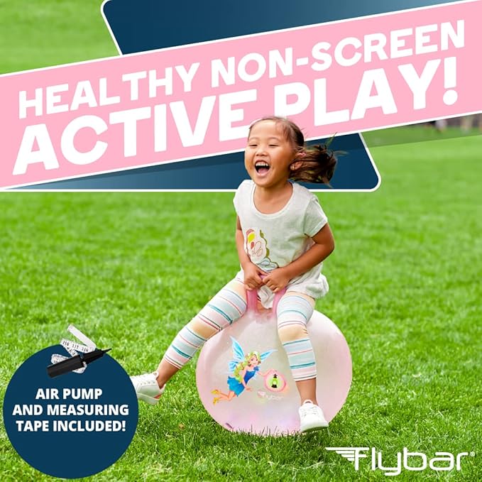 Flybar Hopper Ball for Kids, Inflatable Bouncy Ride-On Ball w/Handle for Indoor & Outdoor Active Play, Includes Pump, Jump Ball Toy for Boys & Girls, Supports Up to 165 lbs, Ages 3+, 18-Inch, Small