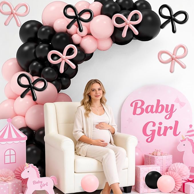 125 Pcs Black and Pink Balloon Garland Arch Kit Include 18in 10in 5in Pink Black Bow Balloons for Pink Bow Birthday Baby Shower Gender Reavel Wedding Party Decorations