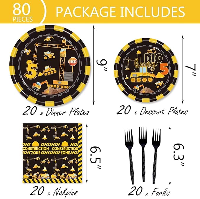 80 Pcs Construction 5th Birthday Party Supplies Dump Truck Theme Five Decorations Tableware Includes Plates, Napkins, Forks for Boys Construction Five Years Old Birthday Party Decorations Favors