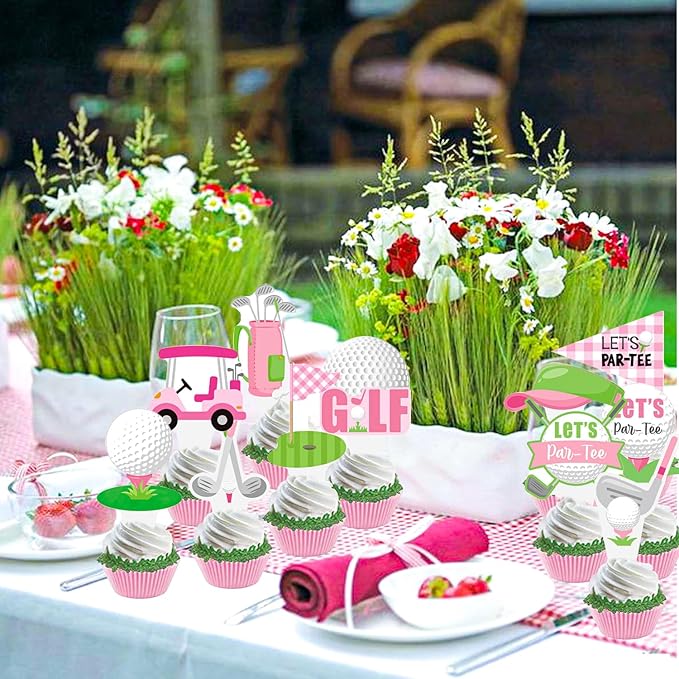 Golf Party Cupcake Toppers Pink Golf Birthday Cake Decorations 48PCS Let's Par-tee Golf Theme Cupcake Toppers Golf Party Supplies for Girls Golf Ball Carts Baby Shower Decor