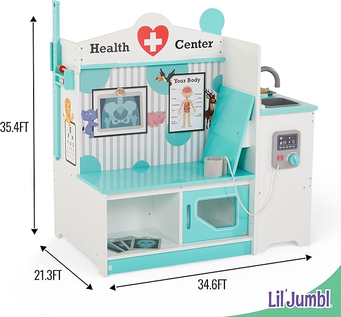 Lil’ Jumbl Wooden Doctor Playset, Multi-Sided Medical Office Activity Center with Exam Room, Check-in & Waiting Areas, Toddler Playset, Doctors Office Pretend Play