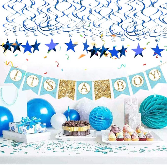 BEISHIDA Blue Star Hanging Swirl Decorations,Hanging Gold Party Supplies for Graduation Wedding Baby Shower Decorations,Pack of 15