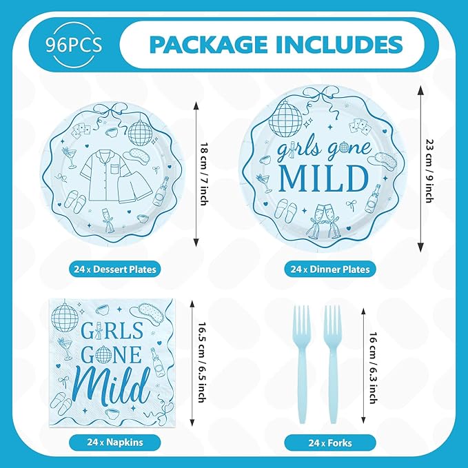96Pcs Girls Gone Mild Party Decorations Blue Sleepover Plates and Napkins Tableware Sets Girls Night Decorations for women Sleepover Wedding Bachelorette Bridal Shower Party Supplies Serves 24