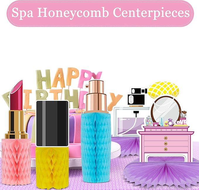 Censen 10 Pieces Spa Party Decorations Honeycomb Centerpieces Make up Table Topper 3D Cosmetics Nail Lipstick Girl Theme Photo Booth Props for Spa Threenager Birthday Party Supplies