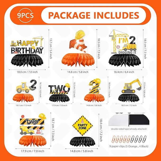 9 Pcs Construction 2nd Birthday Party Decorations Excavator I'm 2 and Digging It Honeycomb Centerpieces Table Toppers for Kids Boys Truck Themd 2 Years Old Birthday Party Supplies Table Decoration