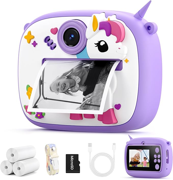 Kids Camera Instant Print, Kids Digital Camera with Photo Printing, Print Paper & 32GB Card, Kids Print Camera Birthday Gifts for Girls Boys 3 4 5 6 7 8 9 10 Year Old