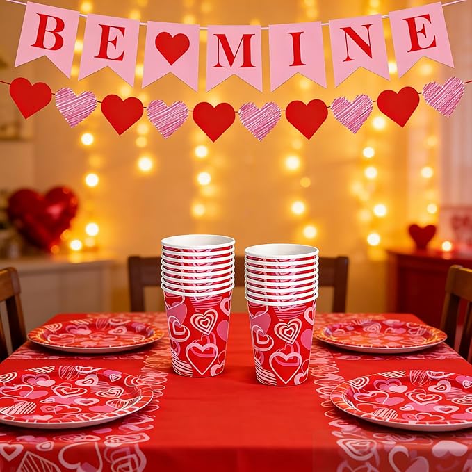 Valentine's Day Party Supplies Serve 24, 97 Pcs Hot Heart Love Disposable Paper Plates Napkins Cups Plastic Tablecloth with Banner for Valentine's Day, Engagements, Anniversary, Birthday Party